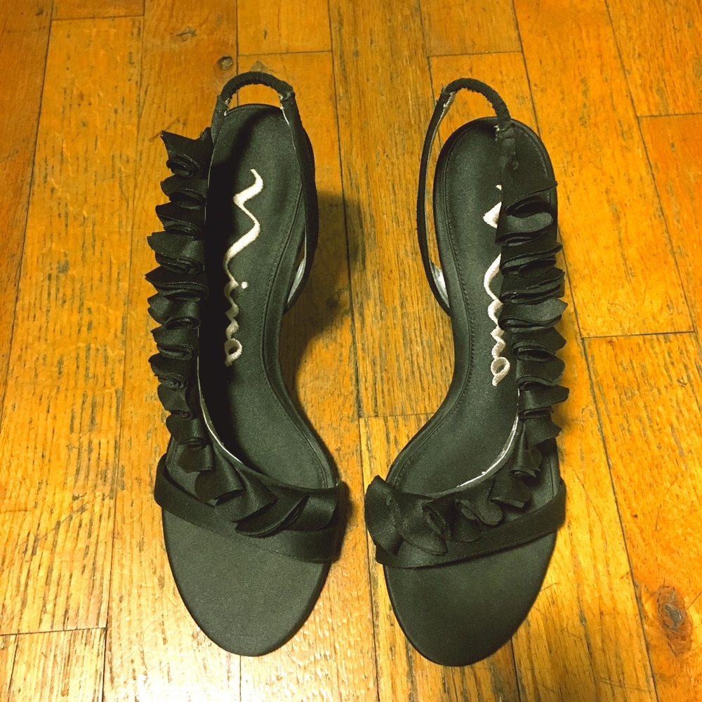 NINA Black Satin Ruffle Strap Sandals 7